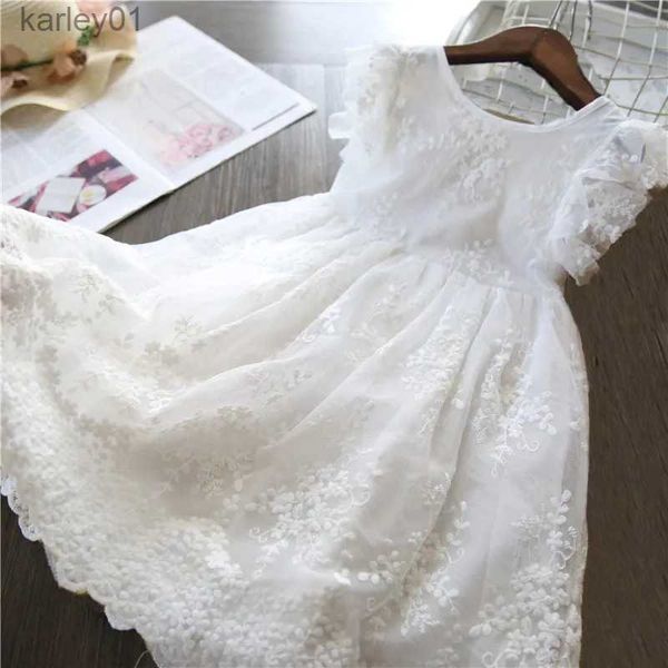 Abiti da ragazza 2024 Compleanno Fiore bianco Abito da sposa principessa per ragazze 3-8 anni Abiti rosa Abbigliamento per bambini Torta colorata Maglia puntini di pizzo Bambini yq240327