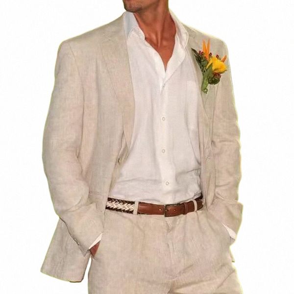 Bege linho entalhe lapela fino ajuste ternos masculinos 2 peças smoking terno masculino blazer calças define noivo casamento baile de formatura traje homme b79o #