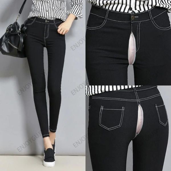 Женские леггинсы, невидимые открытые промежности, секс-студенты с высокой талией, эластичные белые брюки с имитацией джинсовой ткани, узкие брюки, брюки-карандаш