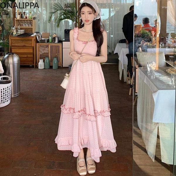 Casual Dresses Onalippa Sweet Wood Ear Saum Dot Rosa Kleid Elastische Brust Hohe Taille Kawaii Koreanisch Eine Linie Alle Match Vestidos Frauen