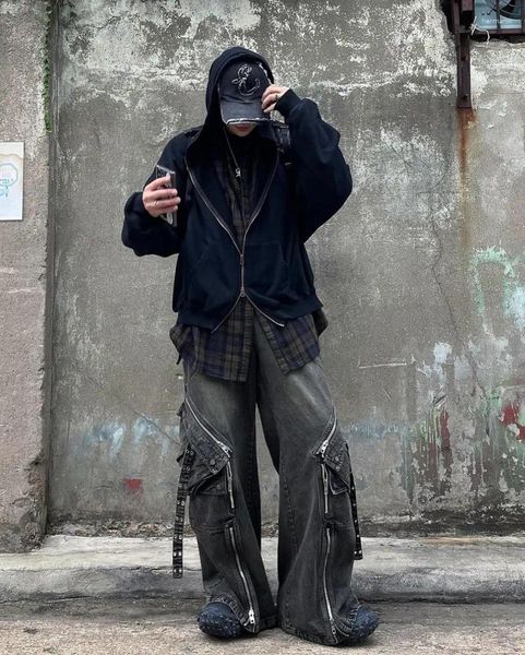 Jeans da uomo Y2k Street Fashion Hip Hop Punk a vita alta Cerniera Uomo Goth Casual Personalità allentata Multi-tasca Piede largo