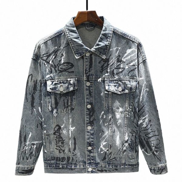 2024 nuova stampata Distred Vintage giacca di jeans da uomo Fi Graffiti Hip Hop bavero cappotto maschile Butt Jeans giacche B3fq #