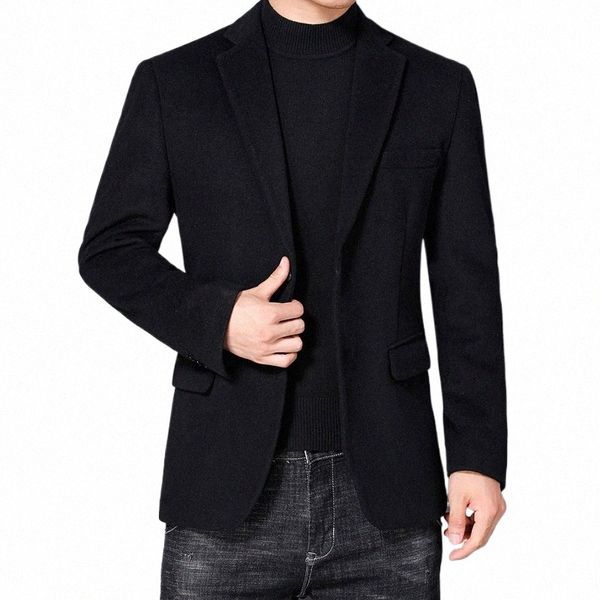 Outono inverno homens blazers de lã preto azul marinho escuro camelo lã mistura jaqueta terno gola entalhada design inteligente roupas casuais 223x #