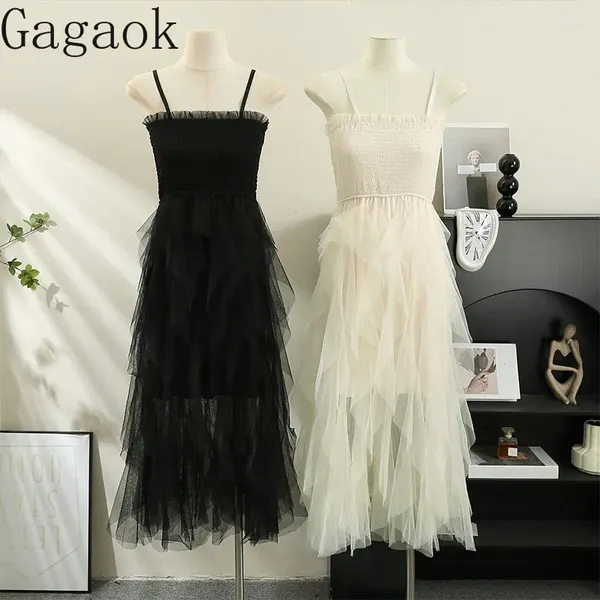 Повседневные платья Gagaok, сетчатое платье на подтяжках для женщин, лето 2024, однотонное платье во французском стиле с поясом до талии, корейская мода, милые шикарные платья