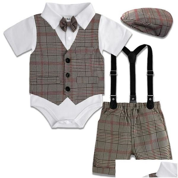 Conjuntos de roupas Bebê Meninos Cavalheiro Outfit Infantil Britânico Vintage Criança Xadrez Casamento Festa de Aniversário Presente Ternos 4 Pcs Drop Delivery K Dhlqu