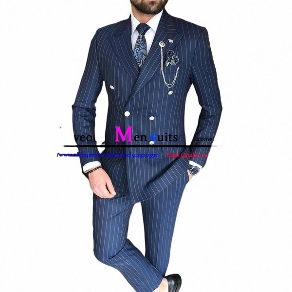 Abiti da uomo 2 pezzi Abito doppiopetto vintage per uomo Abito da uomo a righe blu navy Abito da festa maschile Slim Fit Smoking da sposo sposo s1Dk #