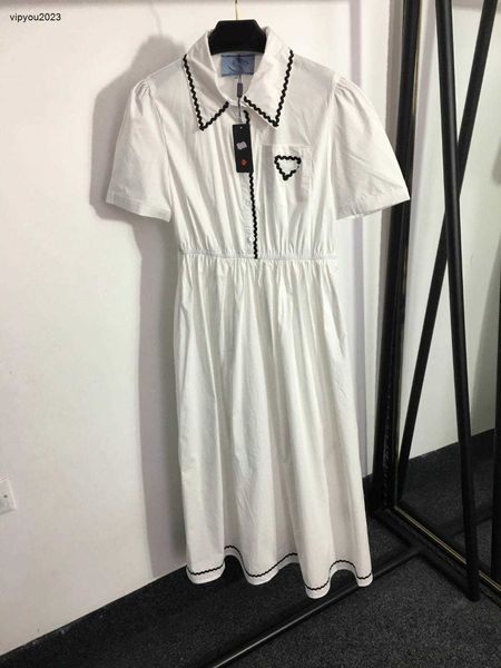 vestido branco designer feminino marca roupas femininas verão moda carta logotipo bordado onda borda cintura manga curta camisa feminina vestido tamanho asiático S-L 27 de março