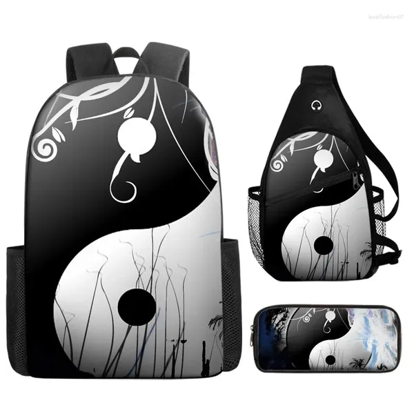 Mochila 3D Impresso Yin Yang Tai Chi Crossbody Bag Pen Case 3pcs / Set Estudantes Crianças Oxford Impermeável Laptop Schoolbag