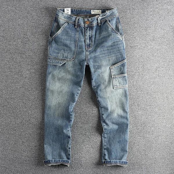 Erkekler Kot Q089# Spring American Retro Denim Carpenter Kargo Pamuk Yıkanmış Eski Günlük Çok Cep Düz Pantolon