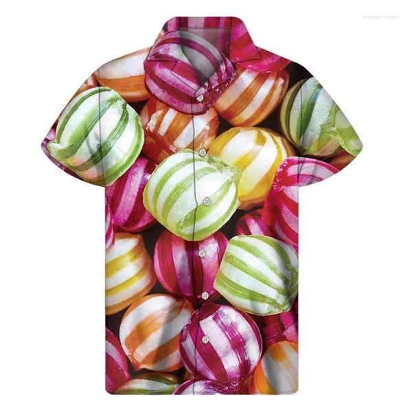 Camisas casuais masculinas Colorido Fudge Lollipop Camisa Homens Roupas 3D Imprimir Doces Havaianos Mulheres Verão Botão Manga Curta Lapela Aloha Blusa