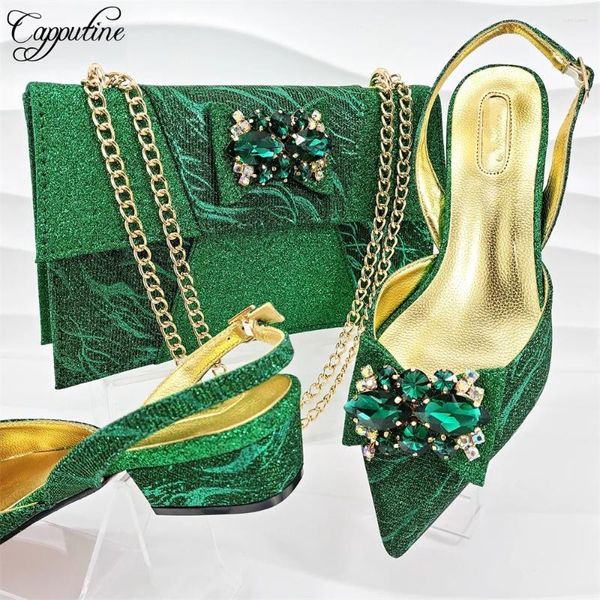 Scarpe eleganti da donna verdi e set di borse 2024 Décolleté da donna africani abbinati con borsa Sandali con tacco medio Sandali Escarpins Femme MM1152
