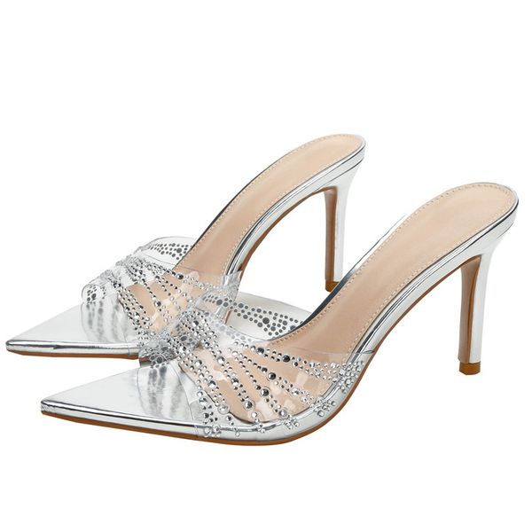 Nuovo strass Pcv Tacchi argento punta a punta Sandali bassi sexy Slingback Fiore aperto Cristallo a pois Conciso Scarpe eleganti Taglia 35-42