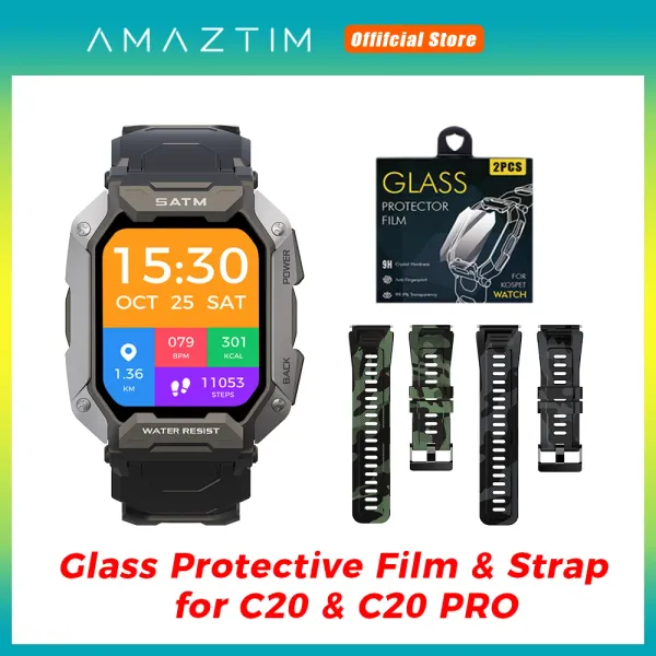 Accessoires 20mm Riemenglasfilm für Amaztim C20/C20 Pro Smartwatch Armband Weiche Silicon Outdoor Sport Watch Band Screen Protector
