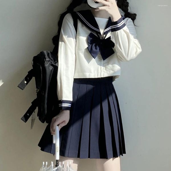 Giyim Setleri Kadın Donanma İki Satır Temel JK üniforma takım elbise Yay uzun kollu Japon Okul Denizci Sonbahar Öğrencileri Cos