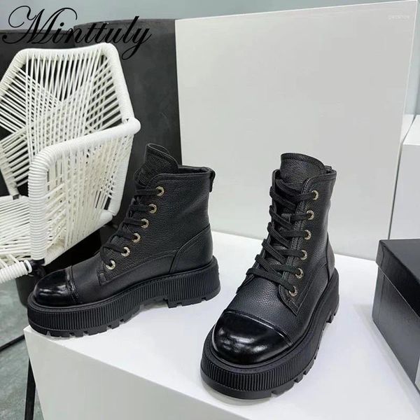 Botas 2024 Inverno Tornozelo Misturado Cor Lace Up Motocicleta Grosso Sole Plataforma Sapatos Mulheres Celebridade Marca