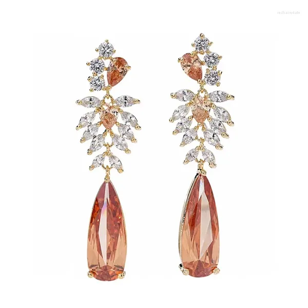 Orecchini pendenti SENYU Fiore da sposa di lusso Orecchino lungo con goccia d'acqua Rosso Champagne Cristallo Cubic Zirconia Gioielli per feste Gaift per le donne