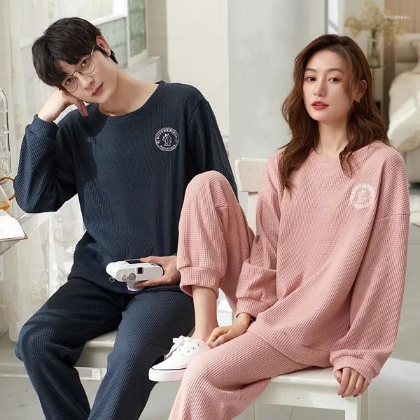 Homens sleepwear waffle estilo desportivo para casais algodão respirável nightwear mulheres e homens combinando roupas de casa pijama para parejas