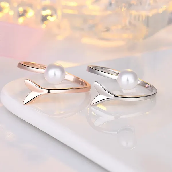 Anéis de cluster 925 prata esterlina moda pérola peixe cauda aniversário de casamento aberto para mulheres acessórios de estudante