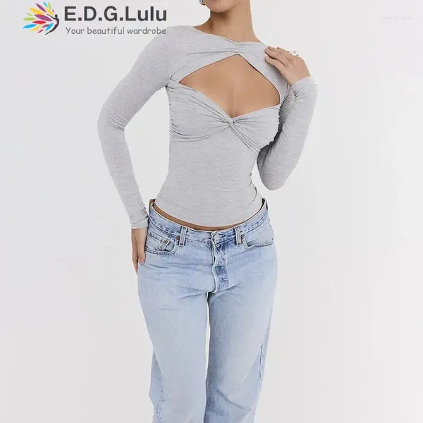 Женские футболки EDGLuLu, женская футболка с круглым вырезом, полые изломы, без бретелек, с длинным рукавом, женская весенне-осенняя тонкая повседневная футболка серого цвета 0318