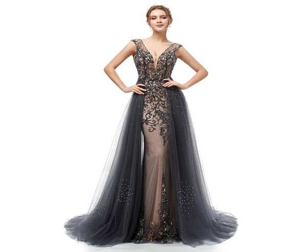 Marineblaues sexy Strand-Luxus-Abschlussball-Hochzeitskleid 2019 Boho tiefes V-Ausschnitt rückenfreies Etui-Brautkleid mit Überrock Vestido De Noiv1482976