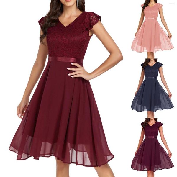 Casual Kleider V-ausschnitt Spitze Chiffon Kleid Elegante Weibliche Formale Abend Party Fliegende Ärmel Taille Bis Plissee Swing Dame Vestidos