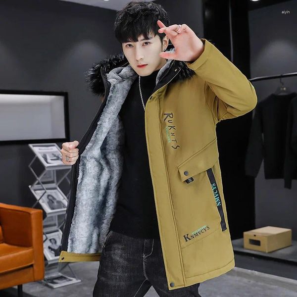 Jaquetas masculinas outono inverno de comprimento médio de pelúcia e grosso com capuz jaqueta streetwear solto quente velo parka juventude gola de pele acolchoado casaco