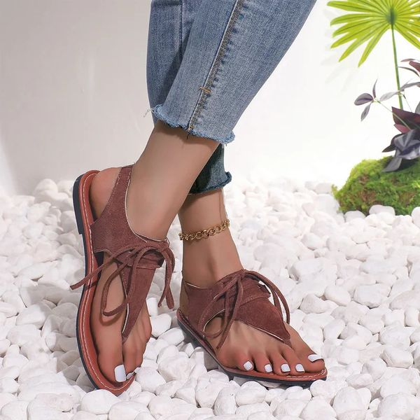 Schnür-Clip-Toe-Sandalen für Damen, Sommer, weiche Mikrofaser, Gladiator-Schuhe, Damenmode, Leopardenmuster, Flip-Flops 240320