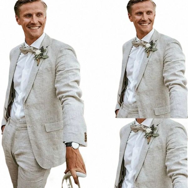 Leinen Herrenanzüge Sommer Hochzeit Bräutigam Tragen 2 Stücke Casual Groomsmen Smoking Kerbe Prom Blazer Jacke + Hosen E5N3 #