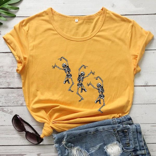 Camisetas femininas coloridas três esqueletos de dança camiseta assustador mulheres manga curta outono dia das bruxas camiseta