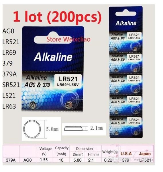 200 Stück 1 Los Batterien AG0 LR521 LR69 379 379A SR521 L521 LR63 155V Alkaline Knopfzelle Münze Card8225484