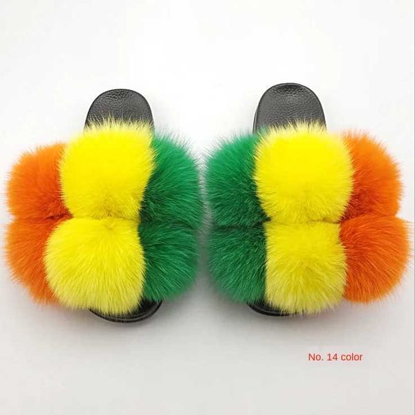 Hausschuhe Hausschuhe Fluffy Raccoon Fur Slide Soes Damen Fox Flip Flache Outdoor-Sandalen Amazing Drop Sip H240326RT4X