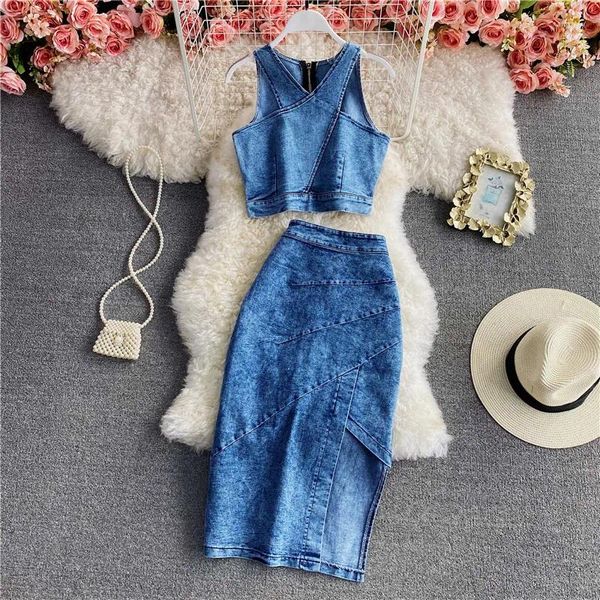 Vestidos de trabalho verão mulheres denim conjuntos com decote em v zíper camisas curtas maxi saias jeans 2 peças conjunto de roupas ternos