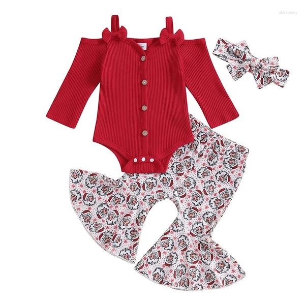 Комплекты одежды, комплект из 3 предметов для маленьких девочек, рождественский комбинезон в рубчик с открытыми плечами и расклешенные брюки с принтом, комплект с повязкой на голову, осенняя одежда