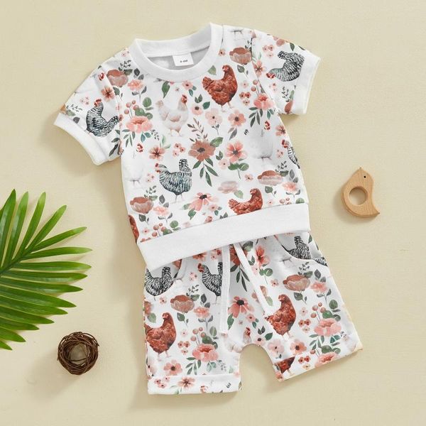 Kleidungssets Lässige Kleinkindkleidung für Mädchen Jungen Sommer Kinder Outfits Kurzarm Floral Chick Print Tops Kordelzug Shorts Anzug