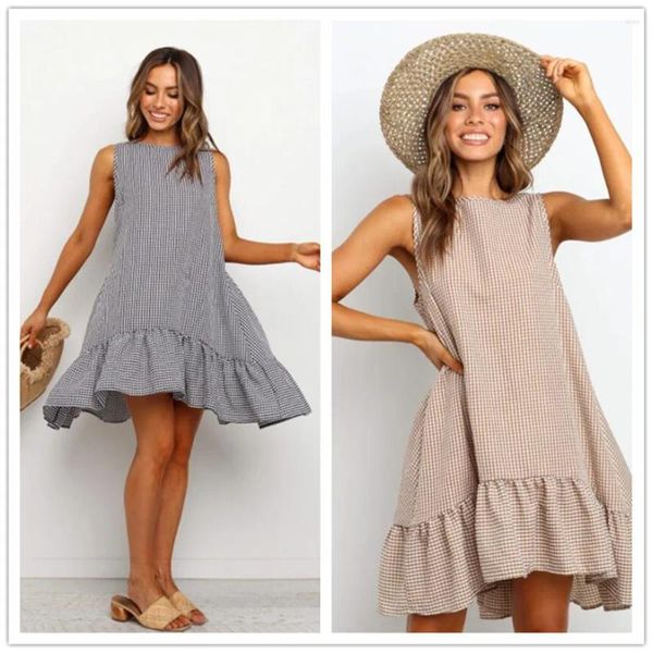 Vestidos casuais verão feminino jóia sem mangas listrado babados vestido uma linha vestidos de praia meninas joelho-comprimento