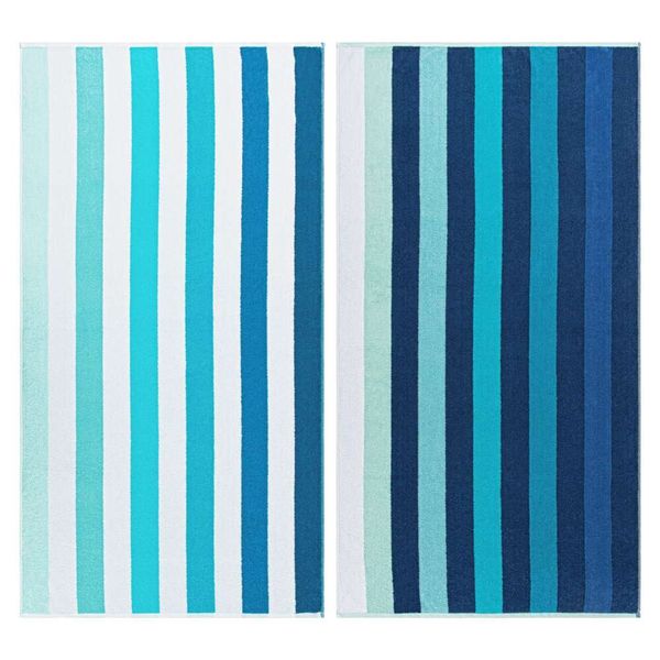 Toalha de praia grande 100% algodão egípcio de alta qualidade, azul costeiro (conjunto de 2 peças) 86,36 cm x 162,64 cm, 2 camadas, padrão de listras gradiente de alta absorção de água