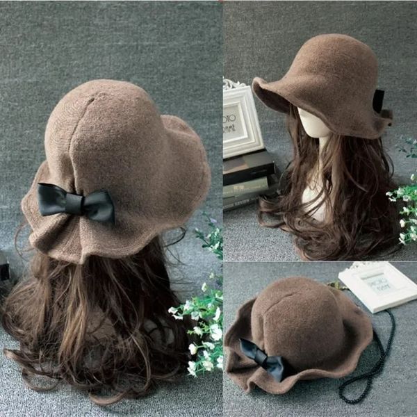 Vintage Wolle Eimer Hüte Damen Bowler Hut Mode Schleifen Becken Fischer Frau Winter Schwarz Kaffee Dunkel Kamel 240320