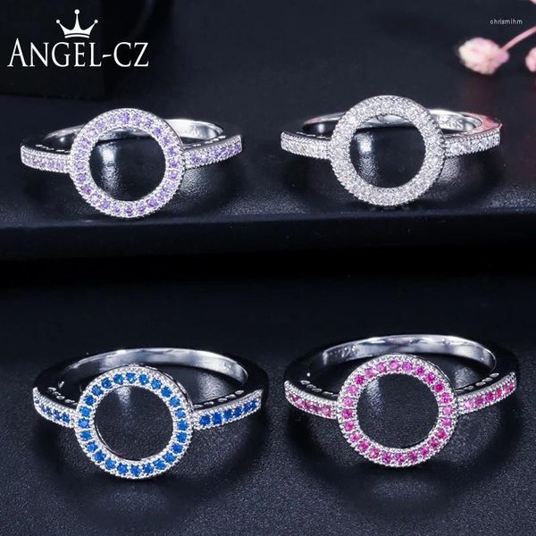 Anelli a grappolo ANGELCZ Forever Round Pave Trasparente Viola Rosso Blu Cubic Zirconia Moda Argento Colore Cerchio per le donne Gioielli con dita R066