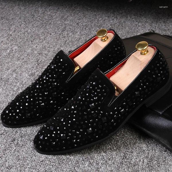 Sapatos casuais quaoar artesanal glitter cristal homens mocassins de veludo bling luxo strass nobre vestido de casamento realizando