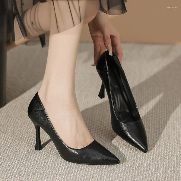 Туфли модные, из мягкой кожи, удобные, черные, ПР, для работы, женские туфли с острым носком, на тонком высоком каблуке, классические простые женские туфли-лодочки, маленький размер 33
