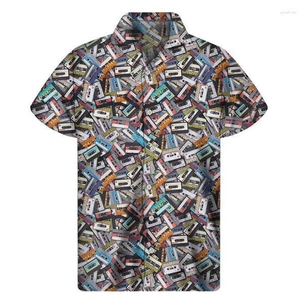 Camisas casuais masculinas retro música fita gravação 3d impressão camisa verão havaiano homens y2k tops rua lapela aloha blusa botão mangas curtas