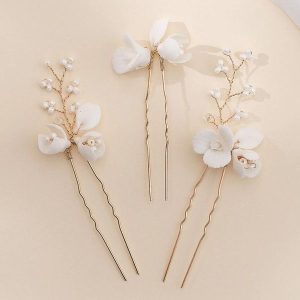 Fermagli per capelli Forcine per fiori in ceramica bianca per matrimonio sposa Semplici bastoncini a forma di U Eleganti perle Copricapo Gioielli per feste da donna