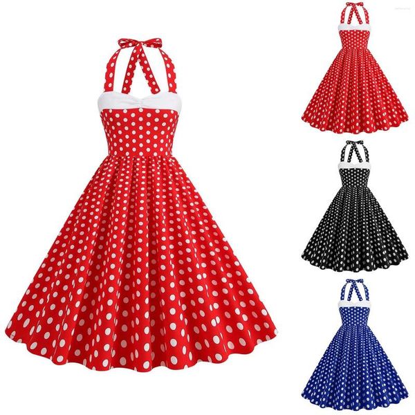 Vestidos casuais vintage bolinhas impressão vestido de verão sexy halter retro 60s 50s robe femme pin up rockabilly festa vestidos