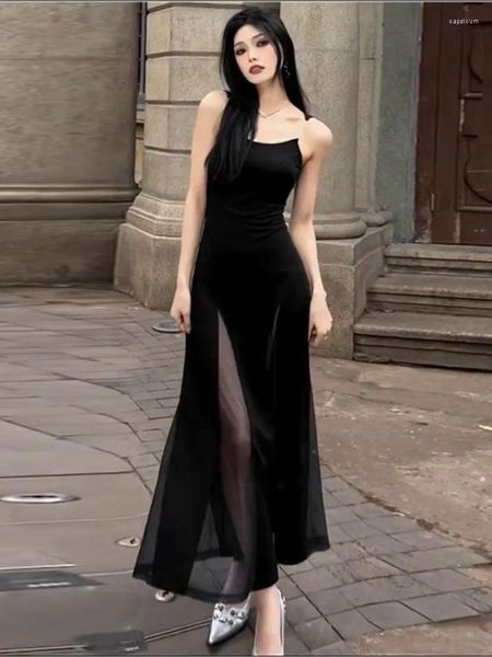 Vestidos casuais vintage malha preto sem mangas vestido mulheres estilo coreano moda lateral fenda irregular midi sexy bainha elegante chique verão