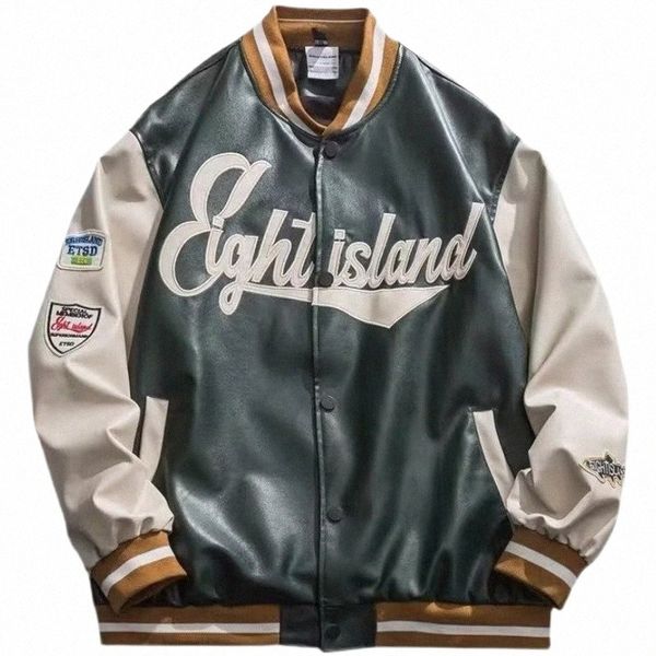 Baseball Uniform Jacke High Street Leder Racing Jacke Unisex Spliced American Vintage Pu Streetwear Brief Stickerei Jacke J97s #