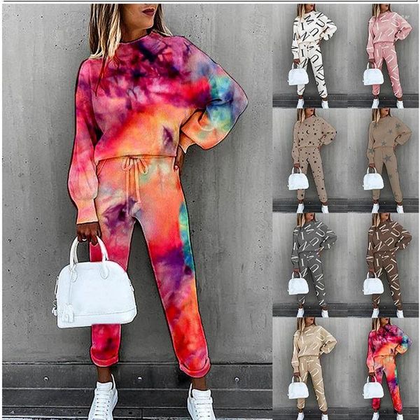 Calças femininas de duas peças agasalho 2 conjunto tie dye impressão tartaruga pescoço manga longa moda lazer terno feminino jaqueta calças