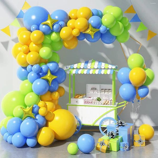 Partydekoration 97 Stück Blau Gelb Obst Grün Ballon Blumenring Set Sommer Tropisch Vierzackiger Stern Aluminiumfolie