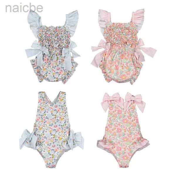 Uma peça meninas roupa de banho 2022 amoi meninas moda náilon bebê uma peça estilingue azul rosa impressão bonito praia maiô 2y-6y 24327