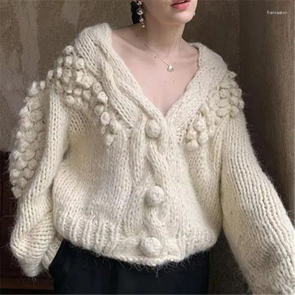 Kadın Örgü Ayualin Vintage Uzun Kol Vin Boyun Kış Sıcak Aşık Sweaters Jumper Boho El Yapımı Tığ Örgütlü Kazak Ceket Kadınlar için