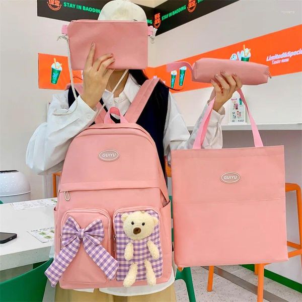 Sacos escolares 4 pcs kawaii lona mochila para meninas adolescentes faculdade bonito mochila bolsa grande capacidade satchel estudante shopper mochila